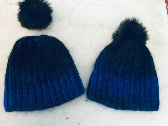 Hand Knit Blue and Black Adult Hat Faux Fur Black Press on Pom - Etsy