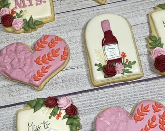 Miss to Mrs Flowers and Wine Bridal Shower Decorated Sugar Cookies