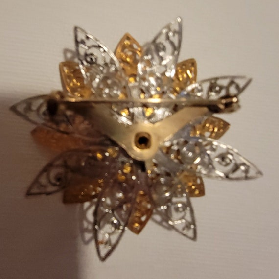 Vintage Gold and Silver Flower Brooch with Rhines… - image 6