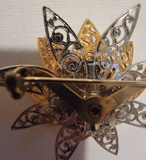 Vintage Gold and Silver Flower Brooch with Rhines… - image 4