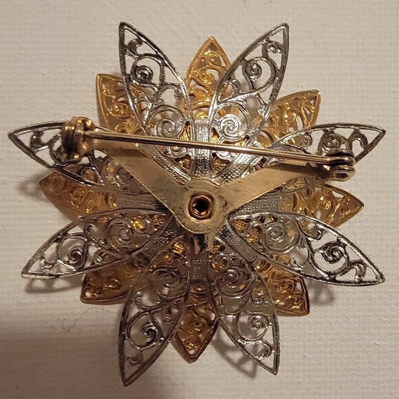 Vintage Gold and Silver Flower Brooch with Rhines… - image 2