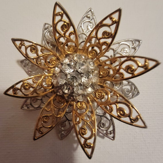 Vintage Gold and Silver Flower Brooch with Rhines… - image 3