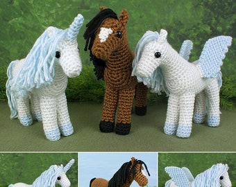 Horse, Unicorn and Pegasus - three amigurumi CROCHET PATTERNS digital PDF file download