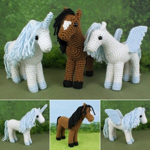 Horse, Unicorn and Pegasus - three amigurumi CROCHET PATTERNS digital PDF file download