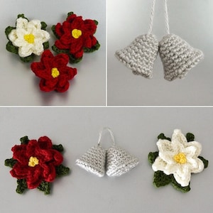 Christmas Decor Set 4 - Poinsettia & Bells - two seasonal CROCHET PATTERNS digital PDF file download