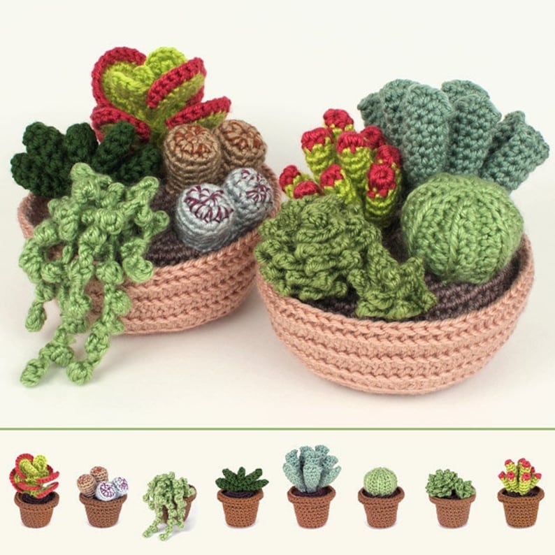 Succulent Collections 1 and 2, eight realistic potted plant CROCHET PATTERNS digital PDF file download image 1
