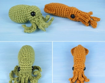 Baby Cephalopods 1 - two amigurumi CROCHET PATTERNS digital PDF file download - Octopus & Squid