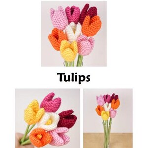 Op de afbeelding: Een haakpatroon voor het maken van een boeket kleurrijke tulpen. Het patroon heet "Tulips" en is van June Gilbank.