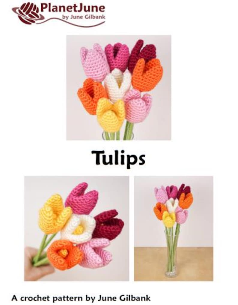 Op de afbeelding: Een haakpatroon voor het maken van een boeket kleurrijke tulpen. Het patroon heet "Tulips" en is van June Gilbank.