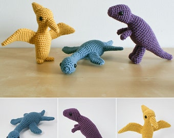 Dinosaurs Set 2 - three amigurumi CROCHET PATTERNS digital PDF file download - Plesiosaurus, Tyrannosaurus Rex, Pteranodon