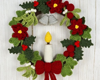 Christmas Decor Sets 1-4 - 8 seasonal CROCHET PATTERNS digital PDF file download, Holly Ivy Mistletoe Poinsettia Candles Baubles Bow Bells