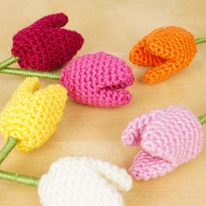 Op de afbeelding: Vijf gehaakte tulpen in verschillende kleuren: roze, geel, wit, oranje en rood. De tulpen zijn handgemaakt en hebben een steel.
