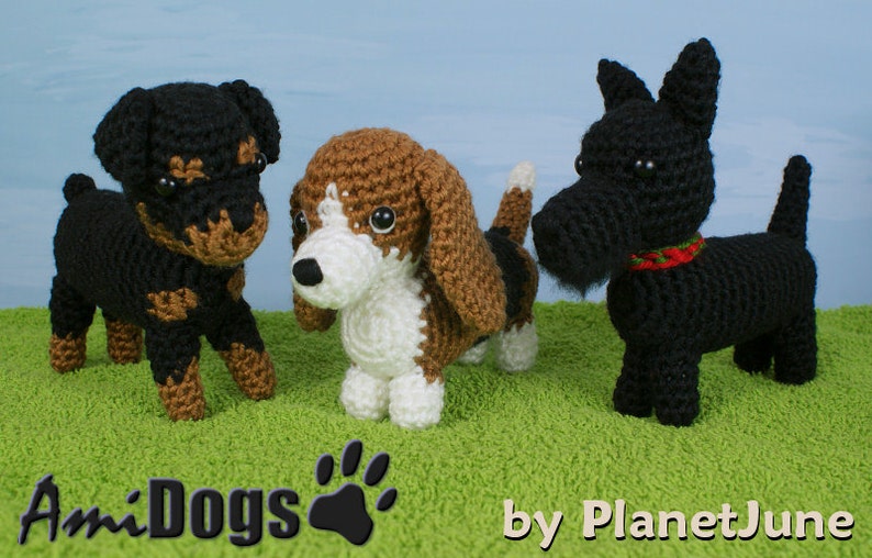 Special Deal AmiDogs Set 7 Basset Hound, Rottweiler, Scottish Terrier 3 amigurumi dog CROCHET PATTERNS digital PDF file download image 1