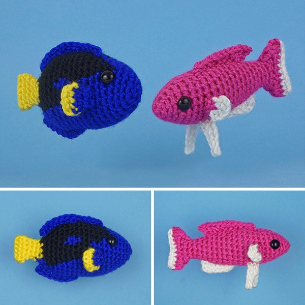 Tropical Fish Set 2 - two amigurumi fish CROCHET PATTERNS digital PDF file download Royal Blue Tang Amethyst Anthias Dory