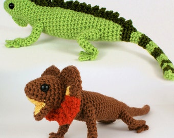 Iguana and Frilled Lizard - two amigurumi lizard CROCHET PATTERNS digital PDF file download