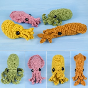 Baby Cephalopods 1&2 - four amigurumi CROCHET PATTERNS digital PDF file download - Octopus, Squid, Cuttlefish, Nautilus