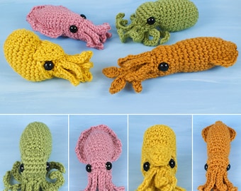 Baby Cephalopods 1&2 - four amigurumi CROCHET PATTERNS digital PDF file download - Octopus, Squid, Cuttlefish, Nautilus