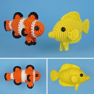 Tropical Fish Set 1 - two amigurumi fish CROCHET PATTERNS digital PDF file download Ocellaris Clownfish Yellow Tang Nemo