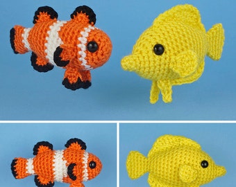 Tropical Fish Set 1 - two amigurumi fish CROCHET PATTERNS digital PDF file download Ocellaris Clownfish Yellow Tang Nemo