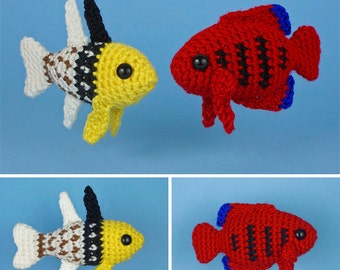 Tropical Fish Set 4 - two amigurumi fish CROCHET PATTERNS digital PDF file download Pajama Cardinalfish Flame Angelfish