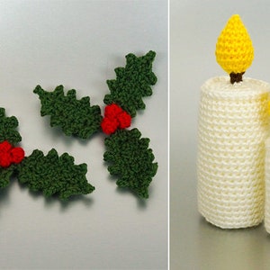 Christmas Decor Set 1 - Holly & Candles - two seasonal CROCHET PATTERNS digital PDF file download