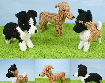 Special Deal - AmiDogs (Set 6) - Akita, Greyhound [or Whippet], Border Collie - 3 amigurumi dog CROCHET PATTERNS digital PDF file download