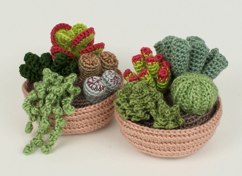 Succulent Collections 1 and 2, eight realistic potted plant CROCHET PATTERNS digital PDF file download image 1