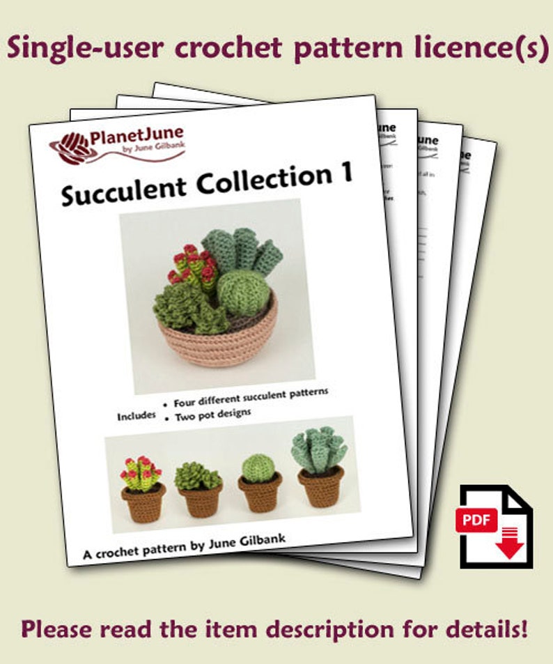 Succulent Collections 1 and 2, eight realistic potted plant CROCHET PATTERNS digital PDF file download image 2