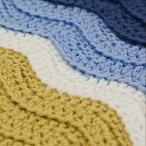 May include: Close-up of a crocheted blanket with a wavy pattern in shades of yellow, white, light blue, and dark blue.