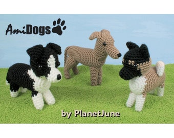 Special Deal - AmiDogs (Set 6) - Akita, Greyhound [or Whippet], Border Collie - 3 amigurumi dog CROCHET PATTERNS digital PDF file download