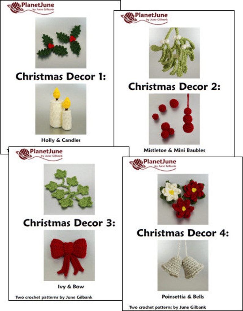 Christmas Decor Sets 1-4 8 seasonal CROCHET PATTERNS digital PDF file download, Holly Ivy Mistletoe Poinsettia Candles Baubles Bow Bells image 8