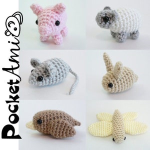 Special Deal - PocketAmi Sets 1&2 - Pig Mouse Bird Bunny Sheep Dragonfly - six amigurumi animal CROCHET PATTERNS digital PDF file download