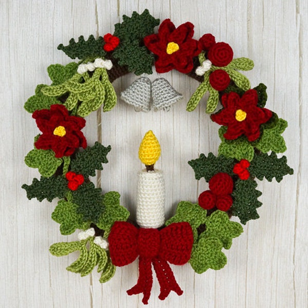 Christmas Decor Sets 1-4 - 8 seasonal CROCHET PATTERNS digital PDF file download, Holly Ivy Mistletoe Poinsettia Candles Baubles Bow Bells