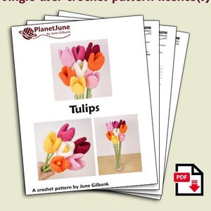 Op de afbeelding: Een haakpatroon voor het maken van een tulpenboeket. Het patroon heet "Tulips" en is van June Gilbank. Het patroon is beschikbaar als PDF-download.