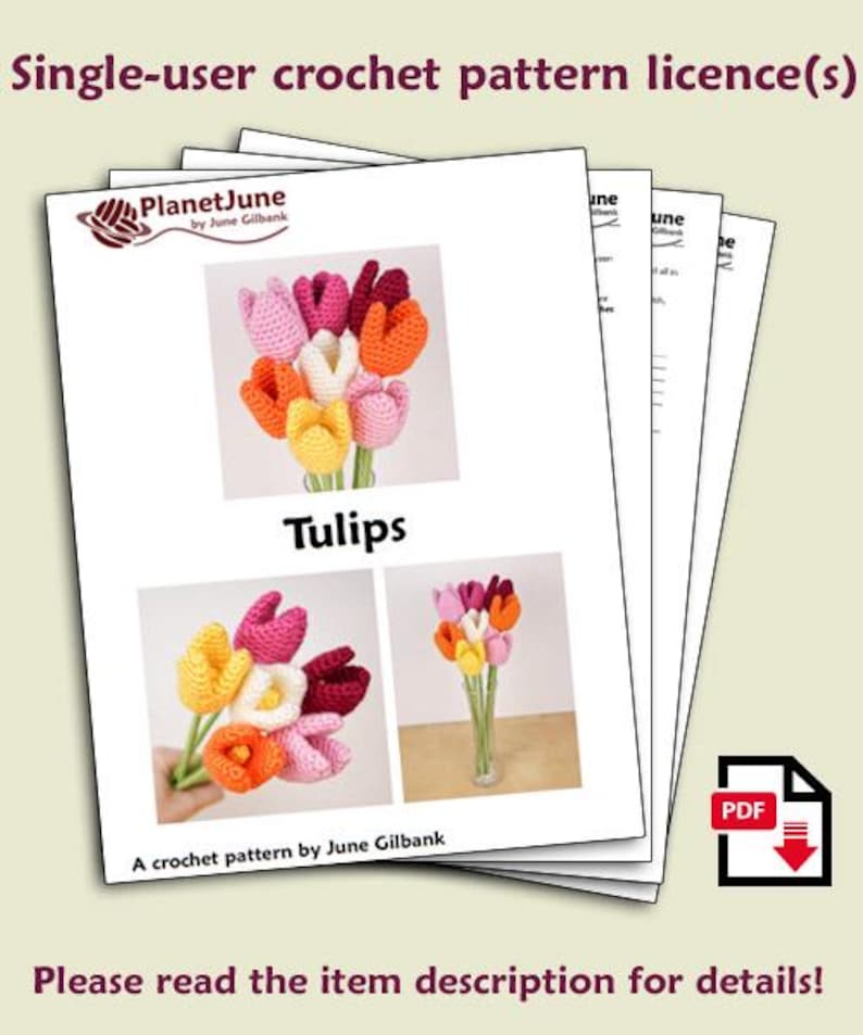 Op de afbeelding: Een haakpatroon voor het maken van een tulpenboeket. Het patroon heet "Tulips" en is van June Gilbank. Het patroon is beschikbaar als PDF-download.