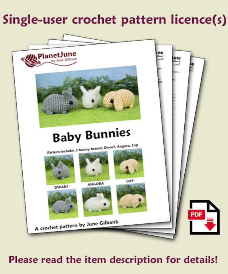 Baby Bunnies 1 & 2 six amigurumi bunny rabbit CROCHET PATTERNS digital PDF file download image 2