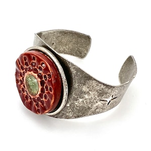 Metal Cuff with Red and Green Ceramic and Glass Unique Metal Bracelet Artisan Ceramic Crackle Glass Jewelry Red and Green Cuff Bracelet