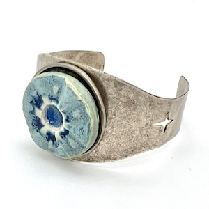 Metal Cuff Blue Ceramic and Glass Bracelet Modern Ceramics Jewelry One of a Kind Gift for Her Statement Jewelry Sky Blue Bracelet Gift