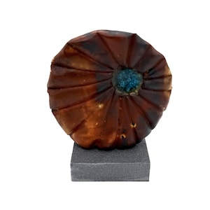 May include: A brown ceramic sculpture with a blue centre, resembling a flower, on a black base.