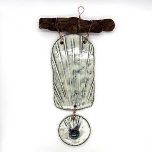 Mottled Ivory Ceramic and Blue Glass Wall Hanging - Organic Pottery Wall Art with Driftwood
