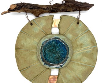 Sage Green and Blue Ceramic & Fused Glass Organic Circle Wall Hanging with Driftwood