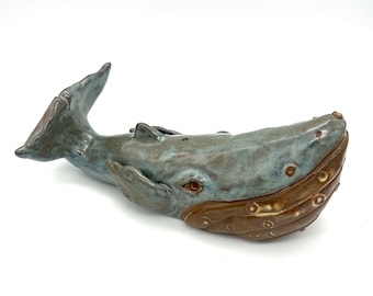 Whale Sculpture Unique Ceramic Sea Life Figurine Blue Ocean Art Clay Marine Animal Sculpture Handmade Clay Whale Humpback Whale Figurine