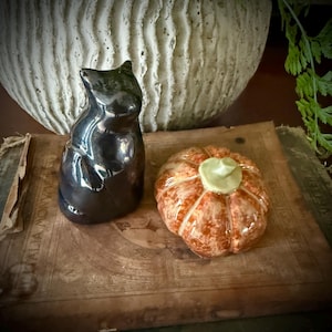 Black Cat & Pumpkin Sculpture Halloween Decor Black Cat Figurine Small Grey Cat Figurine Gift for Cat Lover Housewarming Gift for Friend