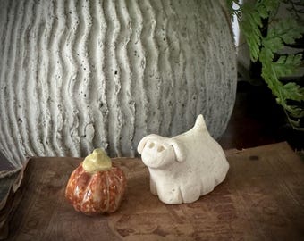 Ghost Dog & Pumpkin Mini Ceramic Ghost Figurine Pet Ghost Dog Ghost Halloween Decor Handmade Spooky Pet Ghost Pottery Ghost Sculpture Puppy
