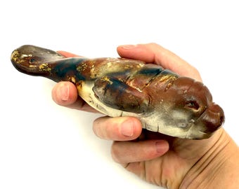 Manatee Handmade Ceramic Sculpture Tabletop Sea Life Pit Fired Pottery Sea Cow Figurine Clay Manatee Sculpture Gift for Manatee Lover