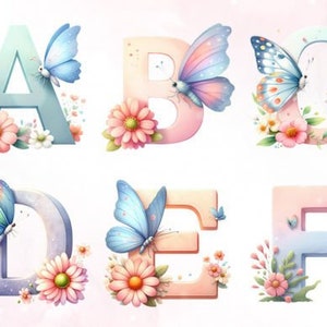 Clipart de sublimação de alfabeto de borboleta, download digital de pacotes de gráficos, clipart de letras decorativas, clipart digital de adesivos para impressão