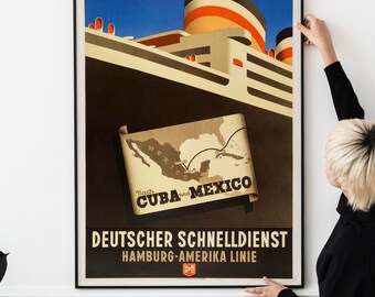 Cruise to Cuba and Mexico Hamburg America Line 1950s Poster