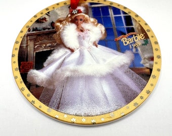 Enesco Barbie 1989 1997 Happy Holidays Barbie Porcelain Ornament VTG Lot Of 2