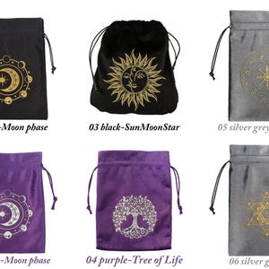 May include: A collection of six drawstring pouches in various colors, including black, purple, and silver-gray. Each pouch features a different gold-colored celestial or geometric design, such as a moon phase, sun and star, zodiac symbols, tree of life, and altar symbols. The text "01 black-Moon phase", "03 black-SunMoonStar", "05 silver grey-The Zodiac", "02 purple-Moon phase", "04 purple-Tree of Life", and "06 silver grey-Altar" is printed on the pouches.