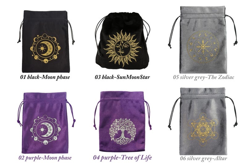 May include: A collection of six drawstring pouches in various colors, including black, purple, and silver-gray. Each pouch features a different gold-colored celestial or geometric design, such as a moon phase, sun and star, zodiac symbols, tree of life, and altar symbols. The text "01 black-Moon phase", "03 black-SunMoonStar", "05 silver grey-The Zodiac", "02 purple-Moon phase", "04 purple-Tree of Life", and "06 silver grey-Altar" is printed on the pouches.